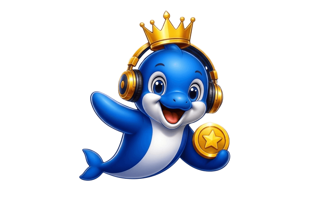 Mega Live dolphin mascot holding a reward coin